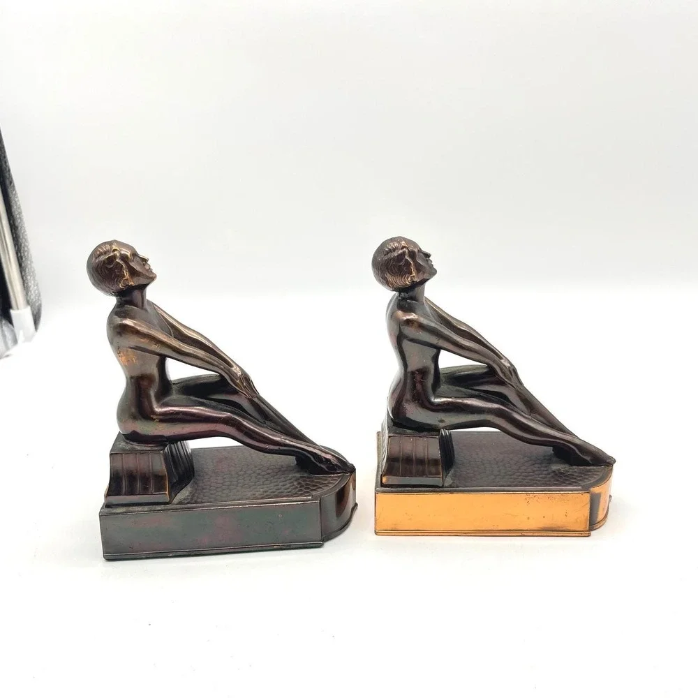 Vintage Art Deco Bronze Tone Clad Seated Nude Female Bookends Japan Pair Patina